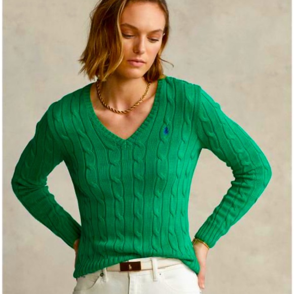RALPH LAUREN Classic Green Cable Knit V-Neck Sweater Purple Polo Pony Sz XL NEW! - Picture 3 of 12